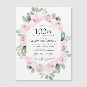 Invitation Magnétique Rose rose florale Eucalyptus 100e anniversaire