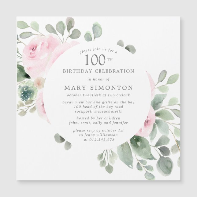 Invitation Magnétique Rose rose florale Eucalyptus 100e fête d'anniversa (Devant)