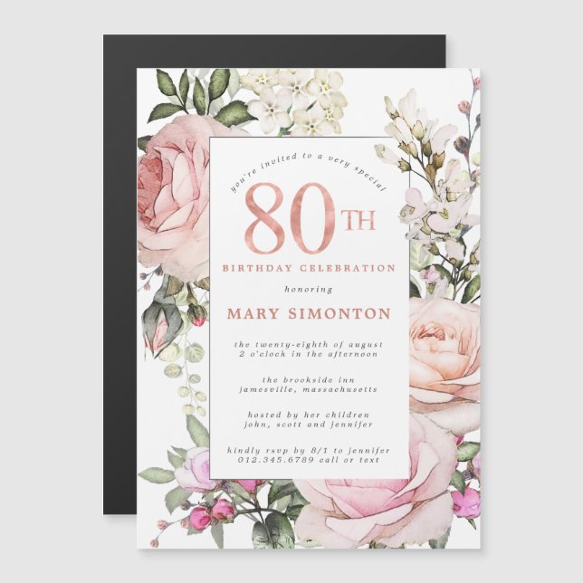 Invitation Magnétique Rose rose pâle Fleur 80e anniversaire (Devant / Derrière)