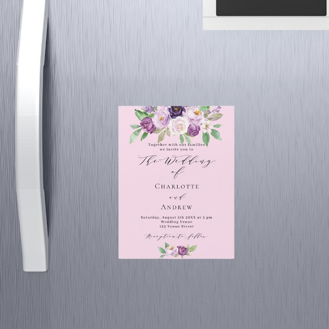 Invitation Magnétique Rose violet fleurs vert script luxe mariage (Créateur téléchargé)