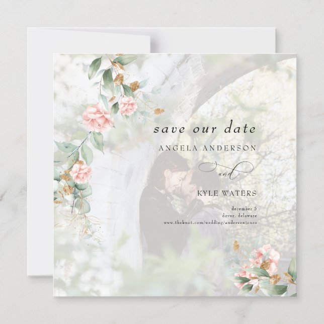 Invitation Magnétique Roses roses roses Eucalyptus Photo Enregistrer la  (Recto)