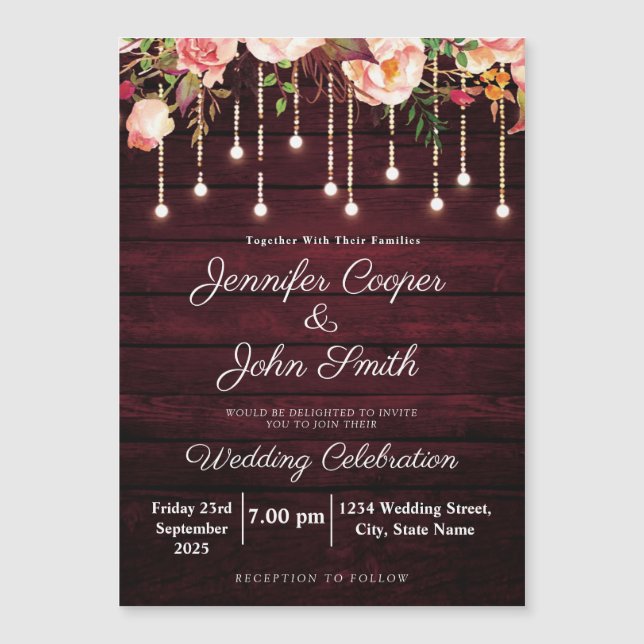 Invitation Magnétique Roses roses roses florales Mariage en bois rustiqu (Devant)
