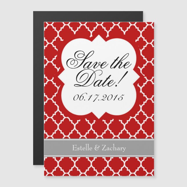 Invitation Magnétique Rouge Blanc Quatrefoil Enregistrer l'aimant Date (Devant / Derrière)