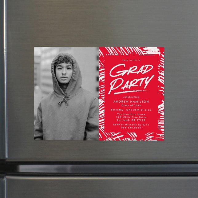 Invitation Magnétique Rouge | Dashed Photo Graduation Party (Créateur téléchargé)