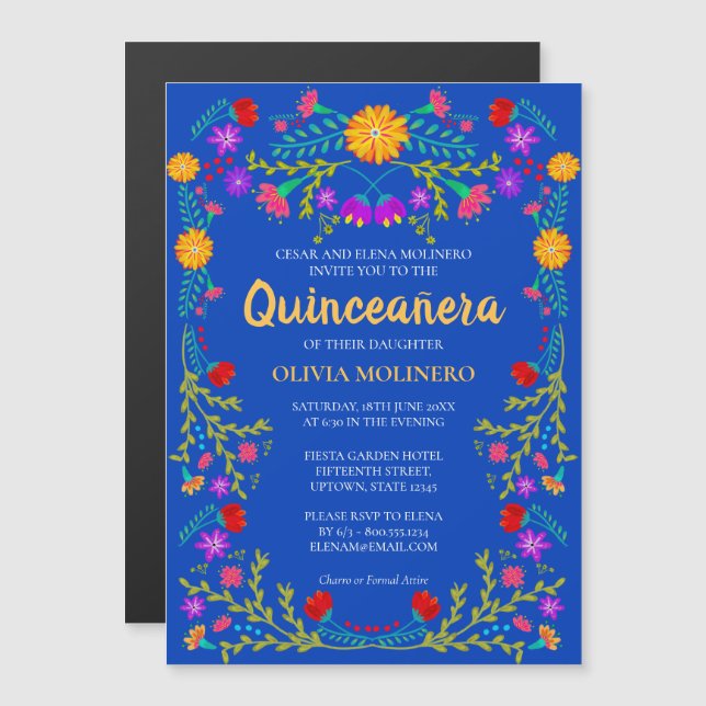 Invitation Magnétique Royal Blue Floral Folk Art Mexicain Quinceanera (Devant / Derrière)