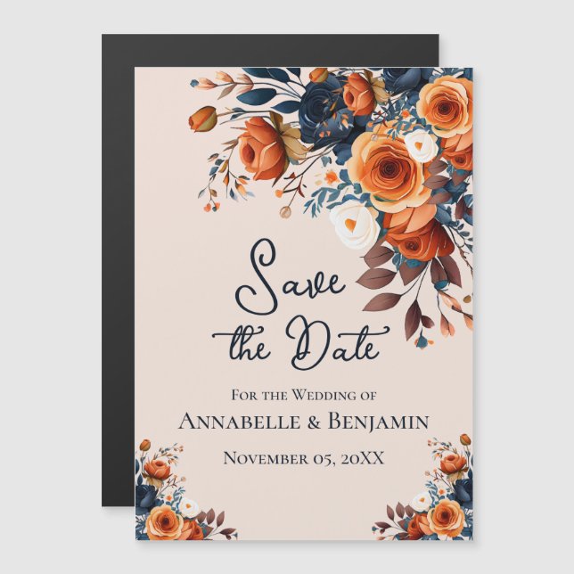 Invitation Magnétique Rustic Burnt Orange et Blue Wedding Enregistrer la (Devant / Derrière)