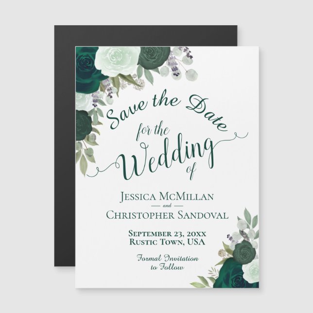 Invitation Magnétique Rustic Emerald Green Floral Wedding Enregistrer la (Devant / Derrière)