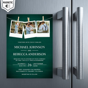 Invitation Magnétique Rustic Green Grange Wood Photo Collage Mariage