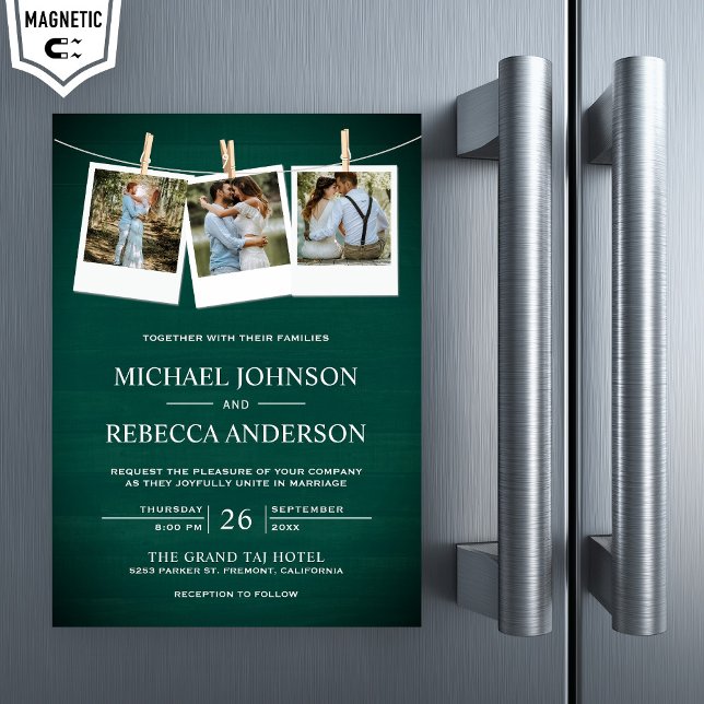 Invitation Magnétique Rustic Green Grange Wood Photo Collage Mariage (Créateur téléchargé)