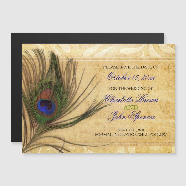 Invitation Magnétique Rustic Peacock Mariage en plume enregistrer la dat (Devant / Derrière)