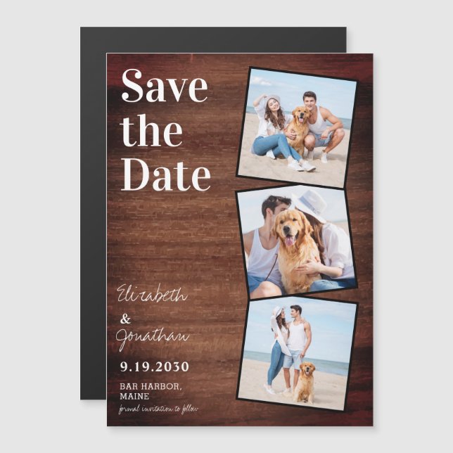 Invitation Magnétique Rustic Wood Photo Collage Sauvegardez La Date (Devant / Derrière)