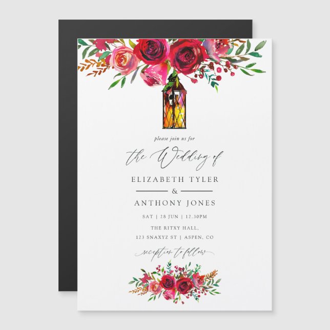 Invitation Magnétique Rustique Bourgogne rouge Aquarelle Mariage Floral (Devant / Derrière)