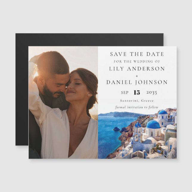 Invitation Magnétique Santorin Grèce Photo Mariage Enregistrer La Date (Devant / Derrière)