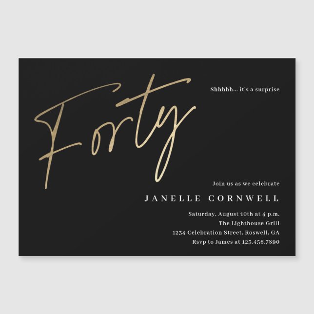 Invitation Magnétique Script minimal Black Gold 0e anniversaire (Devant)