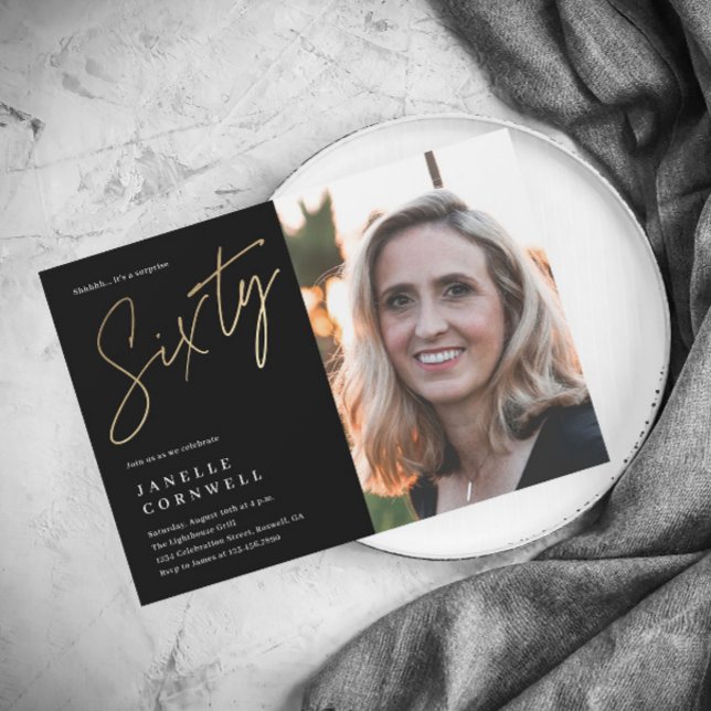 Invitation Magnétique Script minimal Black Gold Photo 60e anniversaire (Créateur téléchargé)
