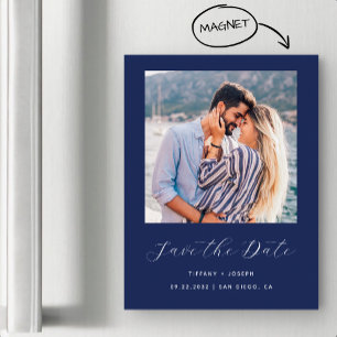 Invitation Magnétique Script photo minimal bleu marine