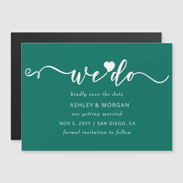 Invitation Magnétique Script Turquoise Coeur vert que nous faisons enreg (Devant / Derrière)