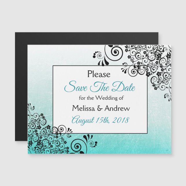 Invitation Magnétique Script turquoise Enregistrer la date Mariage Magne (Devant / Derrière)