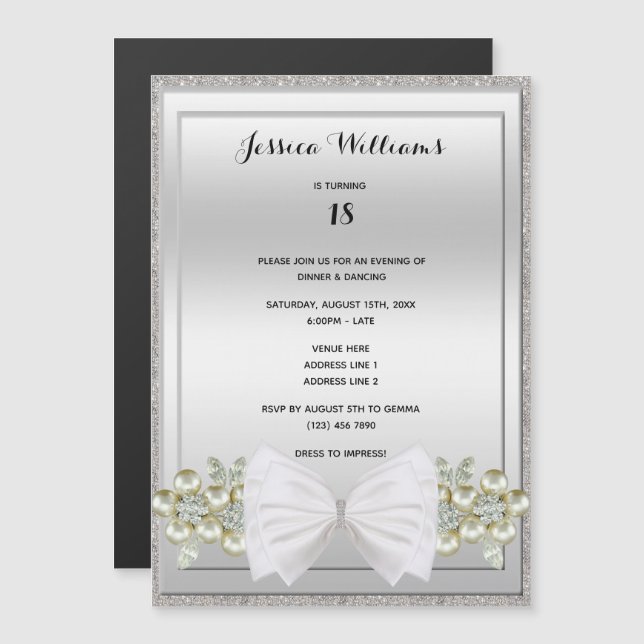 Invitation Magnétique Séquins d'argent et Parties scintillant de pierres (Devant / Derrière)