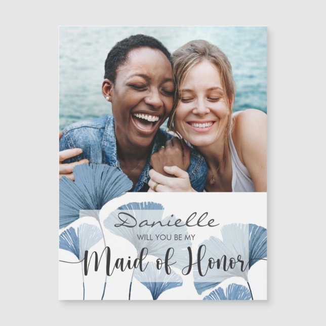 Invitation Magnétique Serez-vous ma femme d'honneur photo bleu et blanc (Devant)