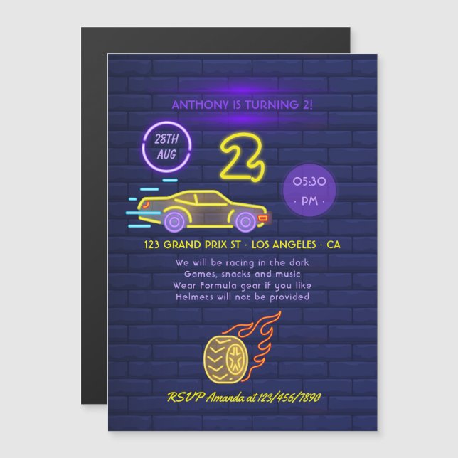 Invitation Magnétique Signal Neon Racing Voiture thème Garçon 2e fête d' (Devant / Derrière)