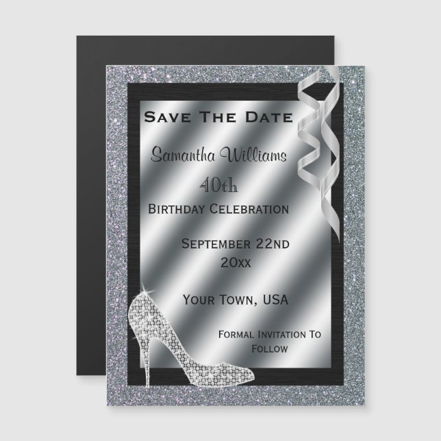 Invitation Magnétique Silver Glittery Stiletto & Streamers 40e anniversa (Devant / Derrière)