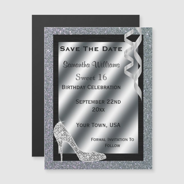 Invitation Magnétique Silver Glittery Stiletto & Streamers Sweet 16 (Devant / Derrière)
