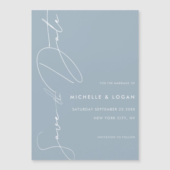 Invitation Magnétique Simple Dusty Blue Modern Script Enregistrer la dat (Devant)