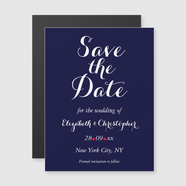 Invitation Magnétique Simple Elegant Marine Blue Wedding Enregistrer la  (Devant / Derrière)