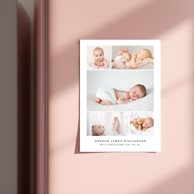 Invitation Magnétique Simple Modern Baby Photo Collage Statistiques de n (Simple Modern Baby Photo Collage Birth Stats Magnetic Invitation)
