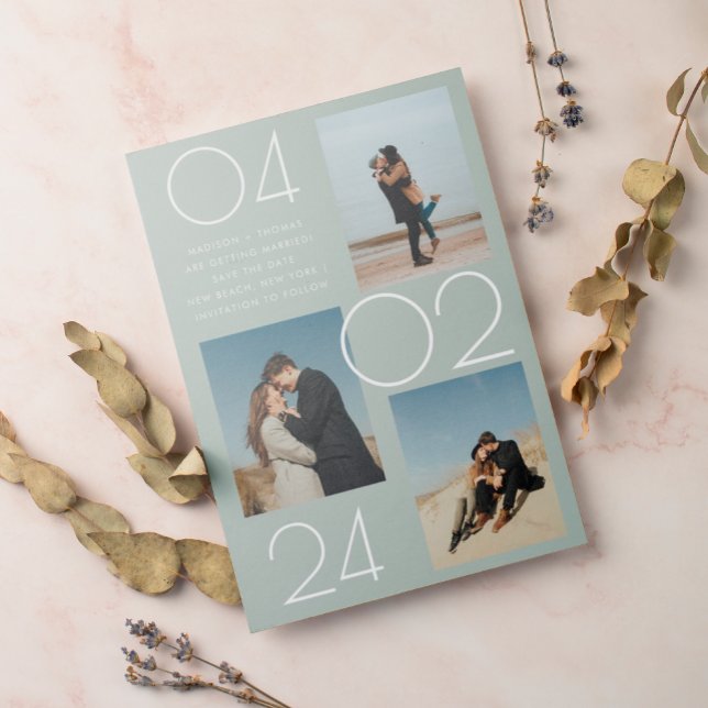 Invitation Magnétique Simple Sage Green 3 Photo Wedding Enregistrer La D (Créateur téléchargé)