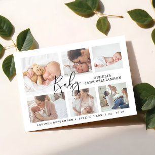 Invitation Magnétique Simple Script Baby Birth Photo Collage Blanc