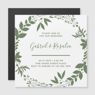 Invitation Magnétique Simple White & Olive Green Wreath Mariage élégant