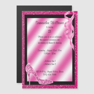 Invitation Magnétique Stiletto et Streamers de Glittery rose 21e anniver