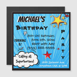 Invitation Magnétique Superhero Comic Style de livre Anniversaire Fourni