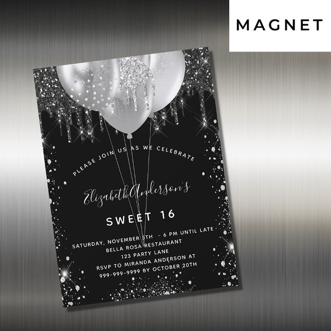 Invitation Magnétique Sweet 16 argent noir parties scintillant ballons d (Créateur téléchargé)