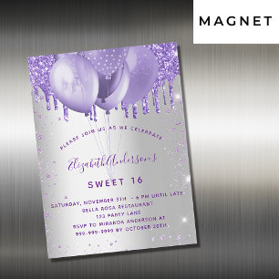 Invitation Magnétique Sweet 16 argent violet parties scintillant ballons