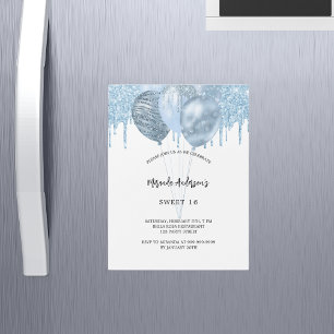 Invitation Magnétique Sweet 16 ballons bleu blanc parties scintillant go