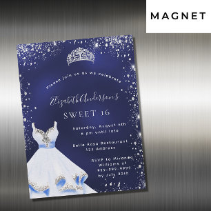 Invitation Magnétique Sweet 16 bleu argent robe parties scintillant tiar
