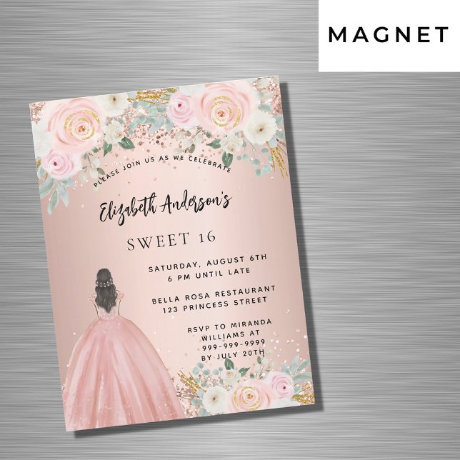 Invitation Magnétique Sweet 16 fleurs d'or rose robe luxe (Créateur téléchargé)