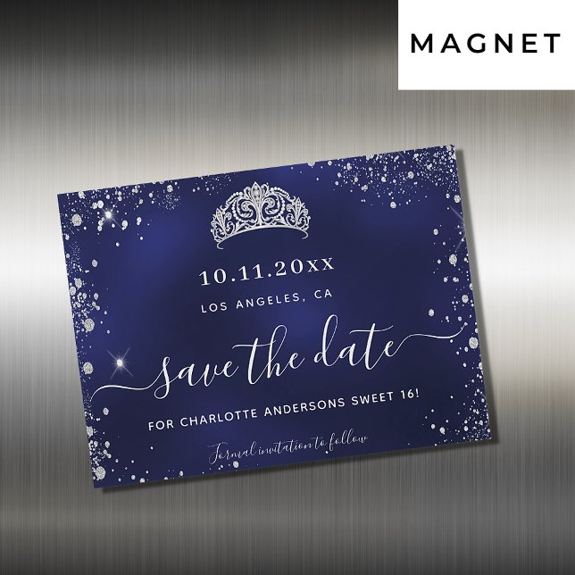 Invitation Magnétique Sweet 16 marine bleu argent enregistrer la date ai (Créateur téléchargé)