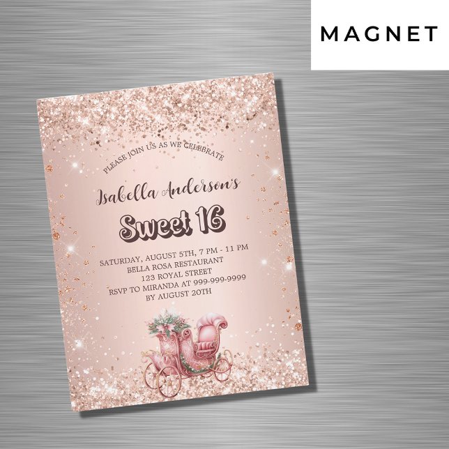 Invitation Magnétique Sweet 16 rose chariot d'or luxe (Créateur téléchargé)