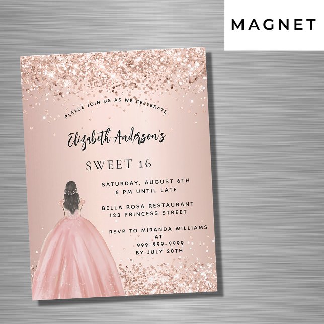 Invitation Magnétique Sweet 16 rose or parties scintillant robe luxe (Créateur téléchargé)
