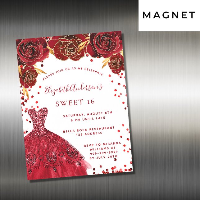 Invitation Magnétique Sweet 16 rouge robe blanche luxe (Créateur téléchargé)