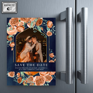 Invitation Magnétique Terracotta Floral Navy Photo Wedding Enregistrer l