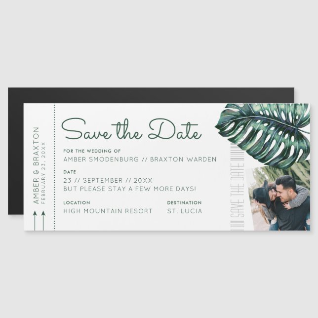 Invitation Magnétique Ticket de destination tropicale Photo Enregistrer  (Devant / Derrière)