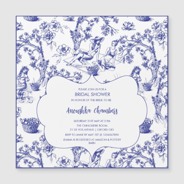 Invitation Magnétique Toile bleue et blanche de Jouy Fête des mariées (Devant)