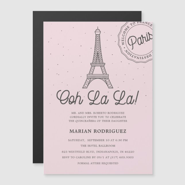 Invitation Magnétique Tour Eiffel Paris Quinceañera (Devant / Derrière)