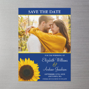 Invitation Magnétique Tournesol Jaune Photo Bleue Enregistrer la Date