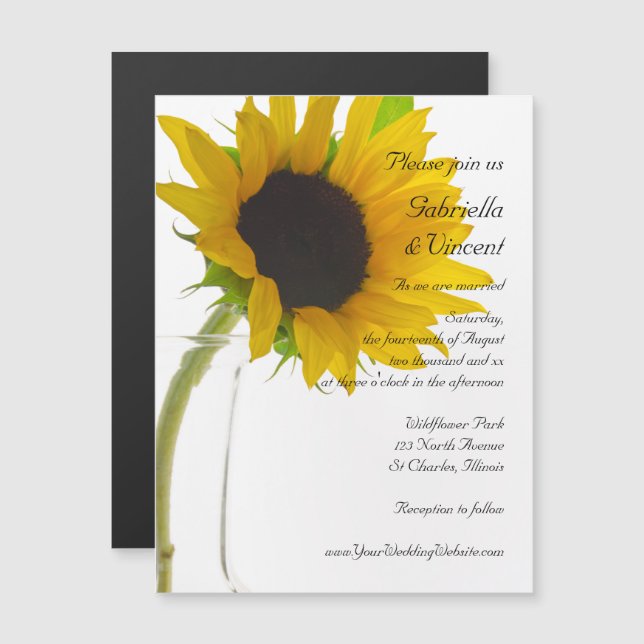 Invitation Magnétique Tournesol jaune sur Mariage blanc (Devant / Derrière)